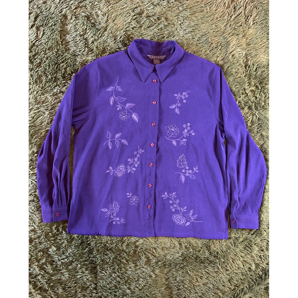 Koret Button Up Shirt Women‎ Large Purple Floral Embroidered Long Sleeve Casual